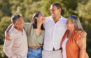 Image showing Family, elderly parents and together in nature to bond in outdoor landscape with happy people. Care, love and support in positive relationship with relatives enjoying time with each other.