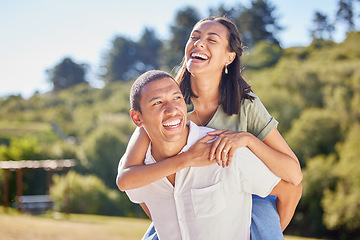 Image showing Wellness, love and couple in park with green trees for summer holiday vacation or healthy lifestyle and bokeh sunshine. Happy marriage, piggyback and carefree black people hiking outdoor in nature