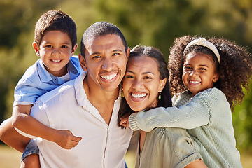 Image showing Happy, family and smile of a mom, dad and children in a park in nature having fun in summer. Portrait of parents and young kids from Mexico with happiness playing outdoors with youth care together