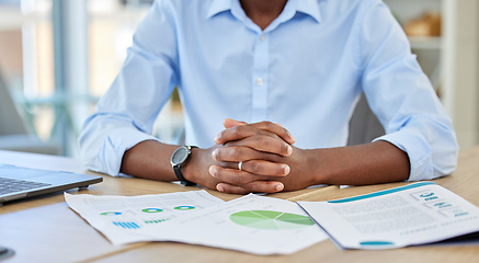 Image showing Businessman hands, paperwork data graphs and planning annual report, research and office budget. Closeup of marketing documents, strategy chart and analytics progress with financial economy stats