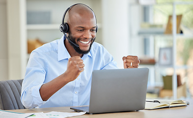 Image showing Success, winner or black call center man with laptop in customer service, contact us or CRM consulting achievement. Customer deal, ecommerce sales or happy communication worker celebration in WOW