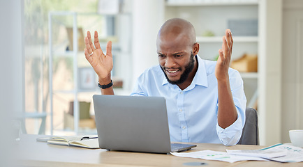 Image showing Stressed, upset and frustrated black businessman on a work conference call on a laptop. Angry, African and corporate manager with company documents on a broken computer at his desk in a modern office