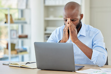 Image showing Stress, burnout and depression businessman with laptop in office with depression, anxiety and 404 computer glitch. Headache, mental health and frustrated employee with audit, tax and work overload.