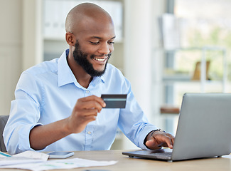 Image showing Internet bank, black man online shopping and laptop budget payment for bills, money and credit card cash with ecommerce on web. Finance accounting, business person and trading economy with fintech