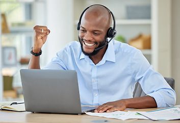 Image showing Winner, success or call center black man with laptop in contact us office cheering customer deal or crm consulting. Customer service, ecommerce sales or happy communication worker in wow celebration