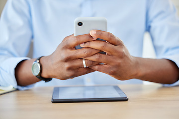 Image showing Phone, communication and business man working and texting with 5g network, social media and chatting on messaging app on smartphone at desk. Closeup hands of professional worker checking email