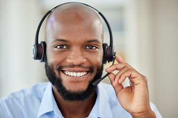 Image showing Sales black man portrait, call center agent and customer service support worker for advice, consulting and expert communication. African, young and internet telemarketing face for contact us helping