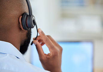 Image showing Telemarketing, support consultant or call center agent with headset closeup and online computer. Consulting customer service or IT technology of crm black man talking, advice or help for contact us