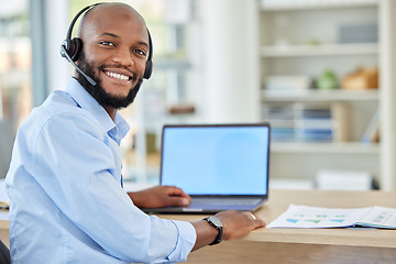 Image showing Call center agent, black sales man and consulting, support or advice with headset and laptop. African, portrait and consultant, crm telemarketing and contact us, work or customer service operator.