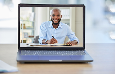 Image showing Video conference, digital and laptop with businessman in meeting, planning and online on desk in office building. Video call, consulting and webinar of black man with internet, employee and virtual