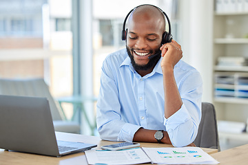 Image showing Sales man, call center agent and customer service support operator advice, help and talking communication loan in office. African, young and smile consultant, crm telemarketing and contact us working