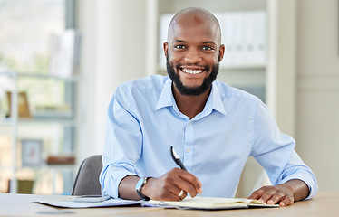 Image showing Notebook planning, writing and businessman working on financial strategy in work office, happy with corporate ccompany and reminder in book. Portrait of happy African accountant at accounting startup