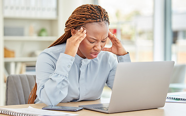 Image showing Stress, headache and black woman with laptop in office with confused, burnout or anxiety face after mistake on project. Creative startup business worker frustrated with technology 404 glitch on email