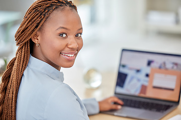 Image showing Black woman, designer and manager on laptop planning and working with business email, SEO research and contact us website. Portrait of african employee working online on website or logo design