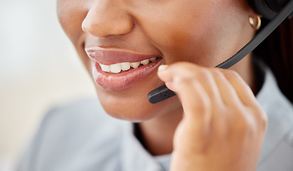 Image showing Woman customer service, mouth talking and smile with a headset at a telemarketing or call center office. African American consultant working in help desk or support job while consulting a client