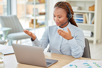 Image showing Call center, consulting and black woman on a video call with headset. Technology, support and communication, a crm consultant talks to client on computer. Female business coach teaching online class.