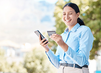 Image showing Phone, woman and online shopping with credit card on ecommerce website for fast and easy digital payment. Happy, smile and young girl spending money, ewallet or cash as customer via internet banking