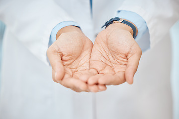 Image showing Charity, empty hands and asking donation for a medical procedure, surgery and healthcare by doctor. Health professional holding mockup medical object for copy space, advertising and marketing