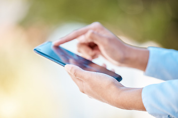 Image showing Communication app, phone and social media with woman typing a message, text or sms outside with bokeh. Contact, email and technology with a closeup of female hands using a fast 5g internet connection