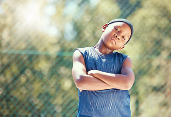 Image showing Child, basketball and serious attitude with black boy standing with arms crossed ready to play outside. Proud, confident and cool kid with street swag and ready to stand up against bullying