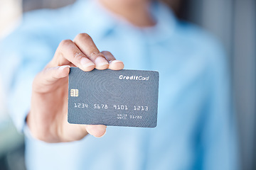 Image showing Finance, savings and a credit card in hand, woman with financial freedom blurred in background. Banking, overdraft and a budget for retail or online shopping. Investment, payment and access to money.