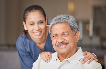 Image showing Portrait of elderly man with a nurse, bonding during a checkup at assisted living homecare . Smile, happy and friendly mature patient relax and enjoy time with a loving, carefree healthcare worker