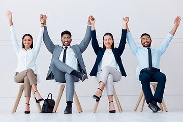 Image showing Celebration, success and recruitment business people in waiting room for we are hiring, Human Resources job or career opportunity. Corporate worker winning gesture for goals, mission and motivation