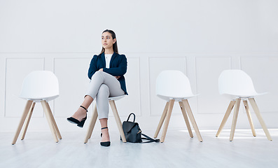 Image showing Recruitment, waiting room and business woman for HR interview, career opportunity or corporate job, Professional worker, leader or candidate in line for Human Resources we are hiring company mock up