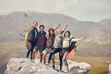Image showing Hiking goals, mountains and friends portrait for fitness, adventure or wellness lifestyle. Nature, eco and health people or group with happy motivation for backpack trekking and countryside journey