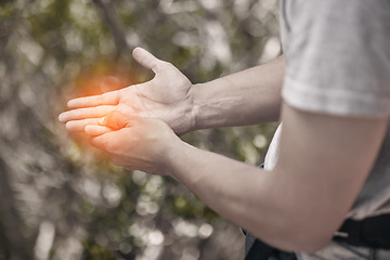 Image showing Man, hand and pain with abstract injury in wellness sports exercise, training and health workout. Fitness stress, burnout or medical emergency or accident for athlete with muscle anatomy inflammation