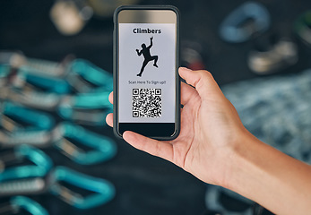 Image showing Man, hands and phone qr code for rock climbing, mountain sports and energy fitness for workout, training and exercise. Zoom on marketing coding, health wellness app and climber barcode for membership