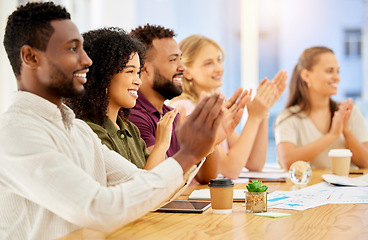 Image showing Clapping, success and global business workshop, teamwork collaboration or meeting training for happy creative people. Smile or excited diversity workers in office motivation and strategy presentation