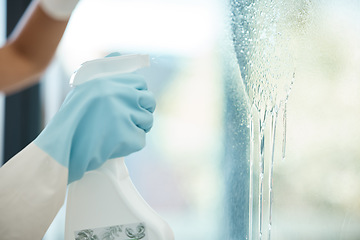 Image showing Cleaner hands with spray bottle, liquid and window cleaning in an office, house apartment or modern glass interior. Spring clean or service worker spraying soap water container for career background