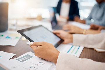 Image showing Business hands, tablet planning and annual report data, research and office teamwork budget meeting. Closeup digital marketing, agency strategy and internet stats analytics for financial economy apps