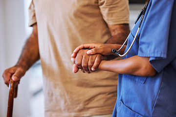 Image showing Support, trust and help from caregiver or nurse walking with senior man or patient in retirement home with healthcare insurance. Hands of female medical worker and alzheimers male with hospice care