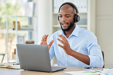 Image showing Black man, laptop and call center employee talking, training and in customer service, help and contact us support. Crm consulting office worker, receptionist or telemarketing communication consultant