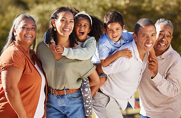 Image showing Big family, three generation and happy people sharing love, care and a special bond while at the park on a sunny day. Portrait of children, parents and grandparents out on a fun adventure in mexico