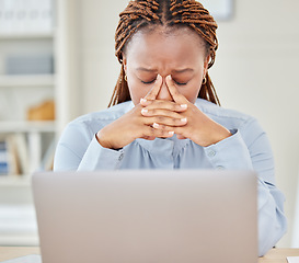 Image showing Stress, anxiety and headache by business woman working on laptop in a corporate office, suffering from pain and discomfort. Worried entrepreneur looking ill, feeling stressed and burnout at workplace