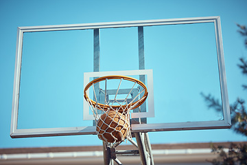 Image showing Basketball court net, point score and sports playing game, competition and action match outdoor. Background hoop winning, goal target aim and shooting hoops skills training, hobby and fun performance