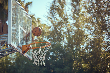 Image showing Basketball court net, point score and sports playing game, competition and action match outdoor. Background hoop winning, goal target aim and shooting hoops skills training, hobby and fun performance