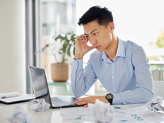 Image showing Stress, anxiety and startup issue with business man working on a laptop, frustrated and annoyed. Young asian entrepreneur feeling angry and unhappy with business plan fail and proposal error