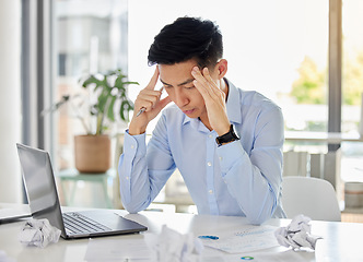 Image showing Stress, anxiety or headache of businessman with laptop working on online report, proposal or copywriting at office desk workplace. Burnout, frustrated and corporate worker with problem, fail or error