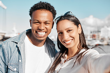 Image showing Couple, selfie and love bond on summer date in California by harbor, ocean and sea. Portrait, smile and happy latino man and woman or boyfriend and girlfriend after meeting on social media dating app