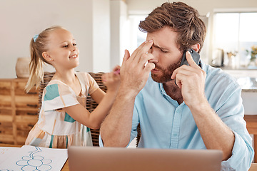 Image showing Stress, headache and father on a phone call with child and working from home or remote. Anxiety, depressed or stressed freelance dad, burnout business man trying to manage work life balance with kid