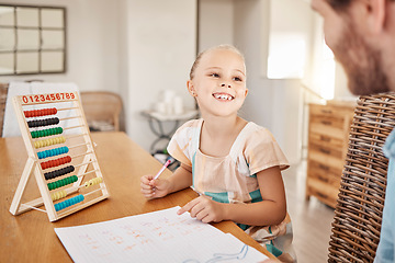 Image showing Education, learning and numbers with father and child doing distance learning maths project at a table at home. Smile, happy and cheerful girl enjoying abacus counting and bonding with her parent