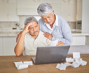 Image showing Stress, senior couple and laptop with finance paper and taxes for financial security investment. Sad, depression or mental health anxiety while planning retirement budget or insurance funeral savings