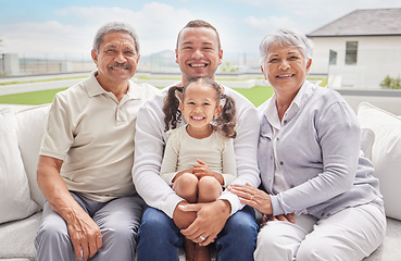 Image showing Big family portrait with child and grandparents on outdoor patio lounge in Mexico for summer holiday or vacation. Happy interracial father, kid and grandmother smile together with blue sky sunshine