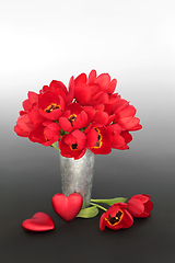 Image showing Red Heart and Tulip Flower Romantic Still Life