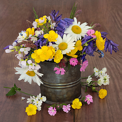 Image showing British Wildflowers and Meadow Grasses Arrangement in Old Metal 