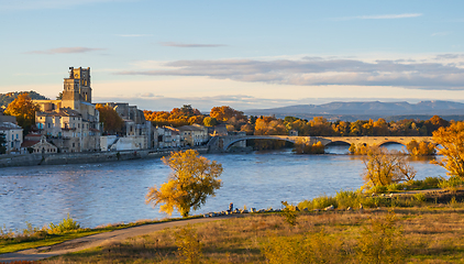 Image showing Pont-Saint-Esprit over the Rhone river in Occitanie. Photography